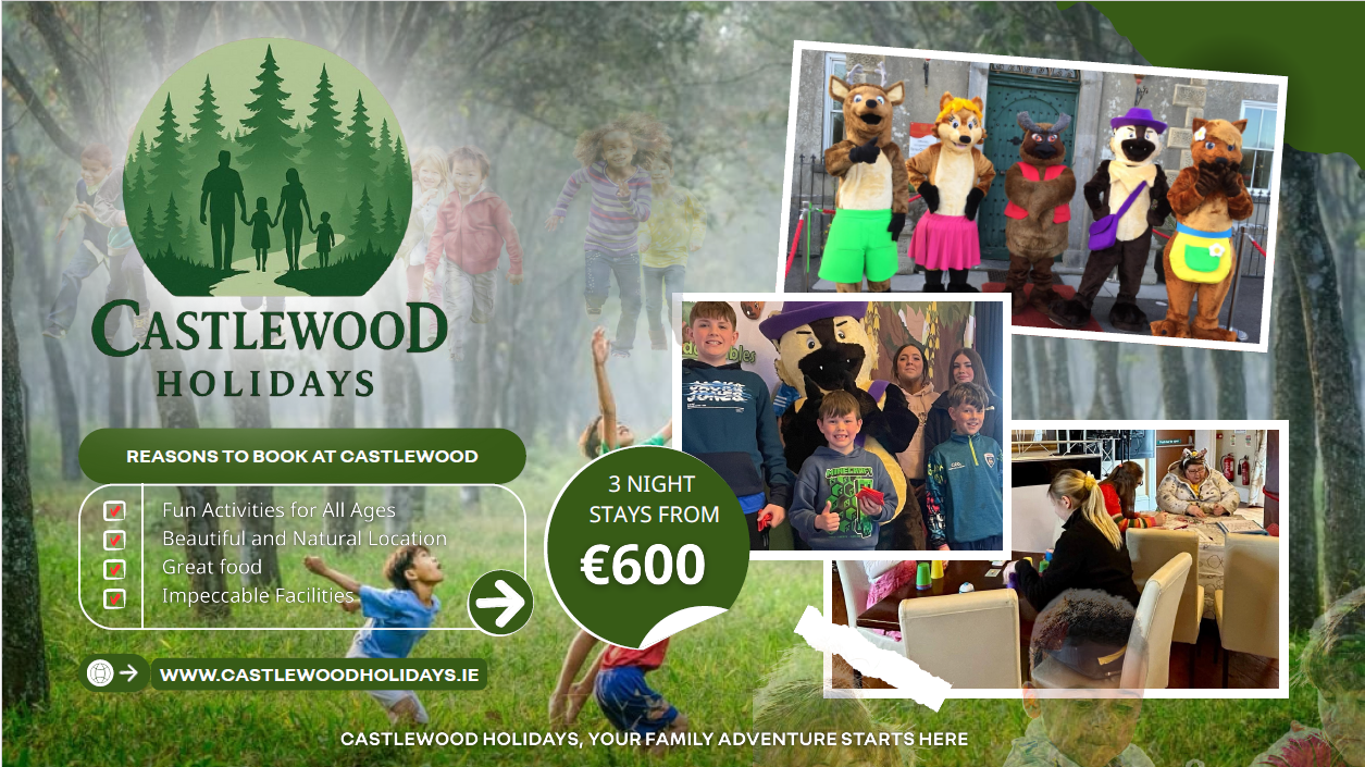 Castlewood Holidays adventure promotional image with the lifesize furry outdoorable characters and happy children depicted in the heart of Newcastle Forest at Newcastle House Hotel.